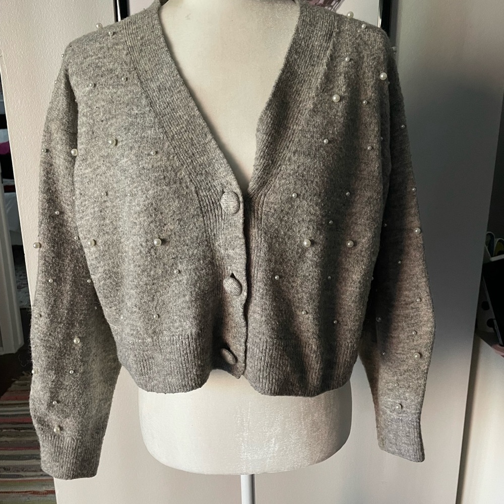 Grey button cardigan with pearl detail